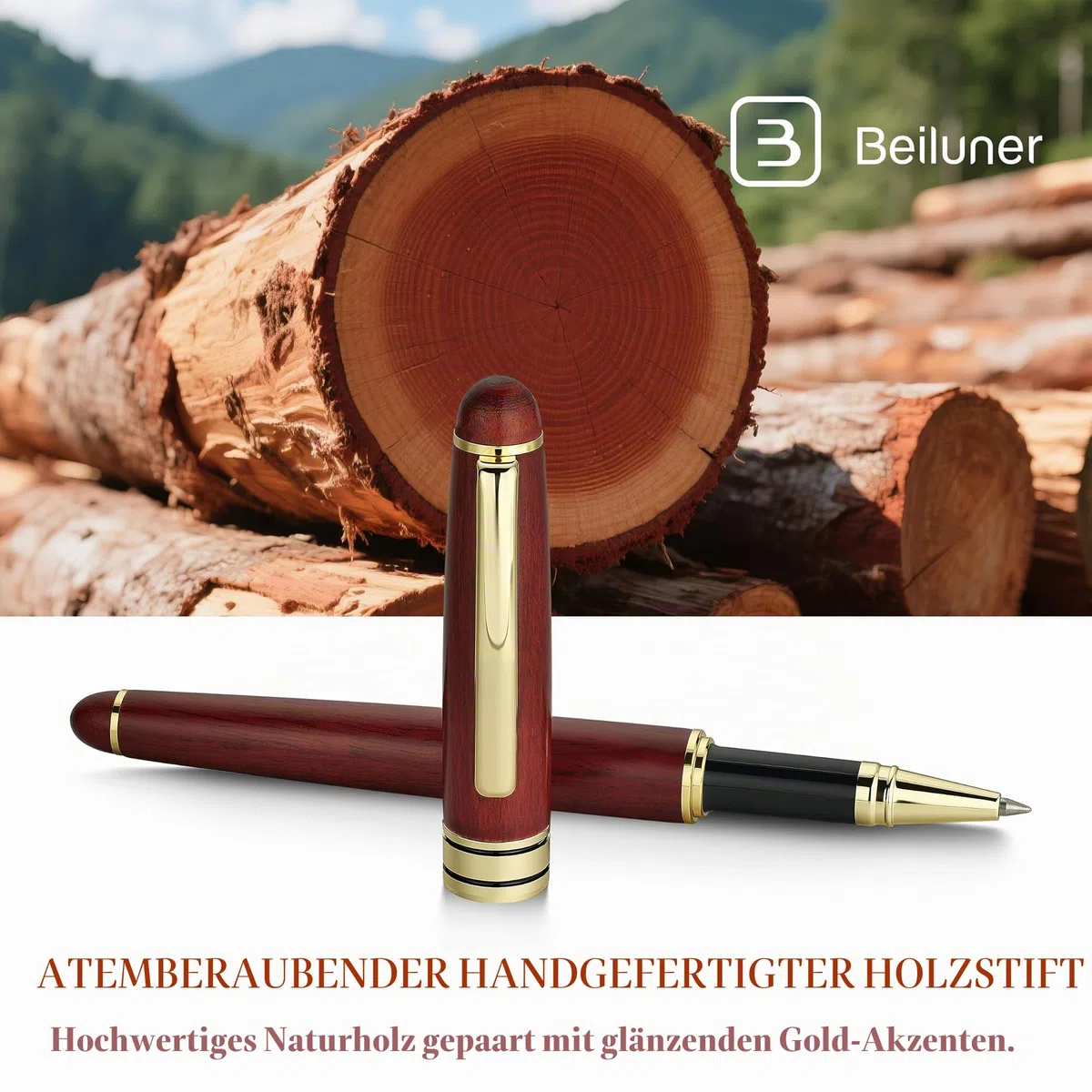 BEILUNER Luxus Kugelschreiber-Set aus Rosenholz - elegantes Premium-Geschenkset für Signatur, Geschäftsführung & Büro mit Geschenkbox & Extranachfüllern (Schwarz)