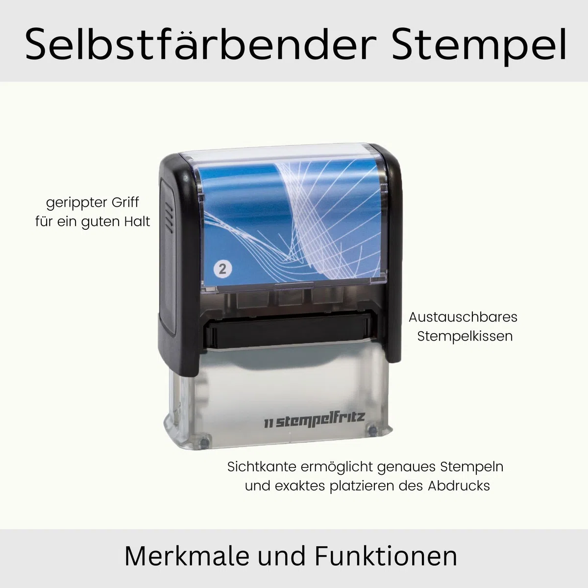 Selbstfärbender Stempel stempelfritz Gr.2 direkt hier Erstellen – personalisierter Firmenstempel, Adressstempel, Namensstempel oder Familienstempel – Gehäuse Schwarz-Blau, 47x18mm, max. 5 Zeilen
