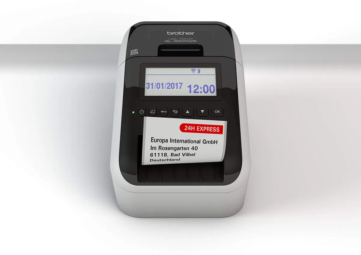 Brother QL-820NWB Netzwerk-Etikettendrucker (mit Rot-Schwarz-Druckfunktion, Schnittstellen: USB, WLAN, LAN, Bluetooth; beleuchtetes Grafik-LCD), grau
