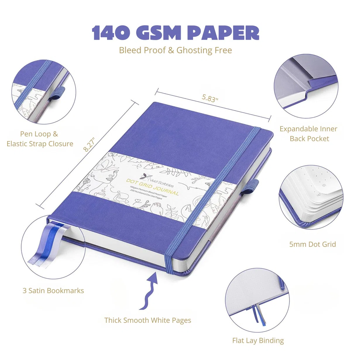 Vivid Scribbles Bullet Dotted Journal – 140 g/m² dickes, weißes Papier – 200 nummerierte Punktraster Seiten – 14,7 x 21,1 cm gepunktetes Notizbuch