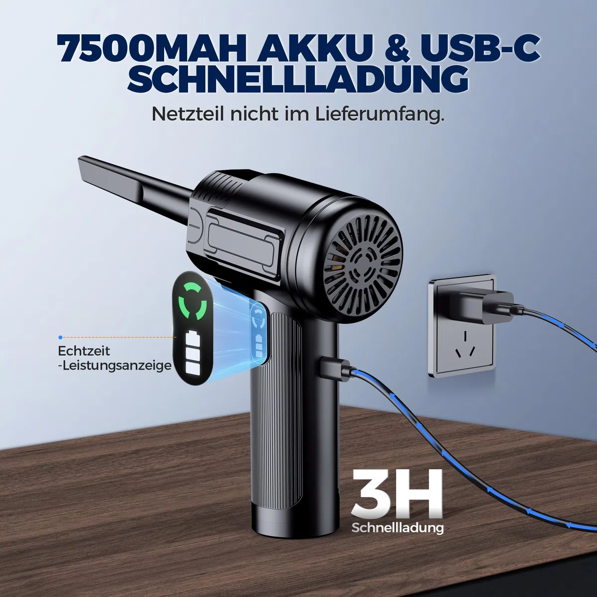 Elektrische Staubgebläse Akku, 3-Stufen 100000U/min Druckluftgebläse, USB-C Wiederaufladbarer Compressed Air Duster mit LED, Mini Handventilator für PC, Auto, Tastatur, Bürogeräte