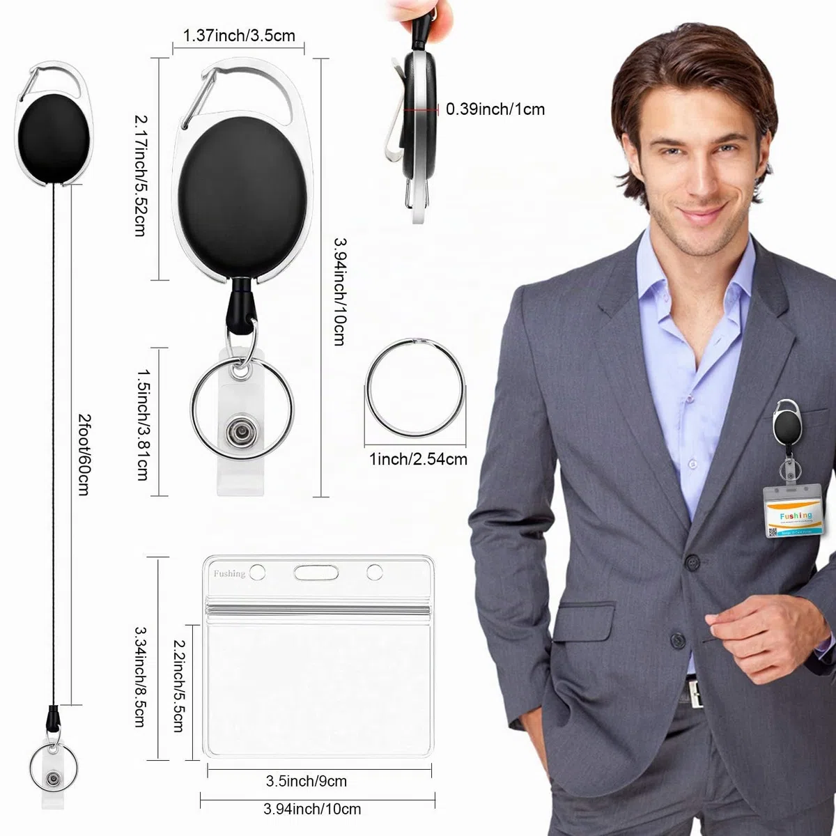 Fushing 10 Pcs Ausweishalter Ausziehbar, Kartenhalter SchlüSselanhäNger,Ausweisjojo Badge Reel Karabiner mit Clip（Horizontal）
