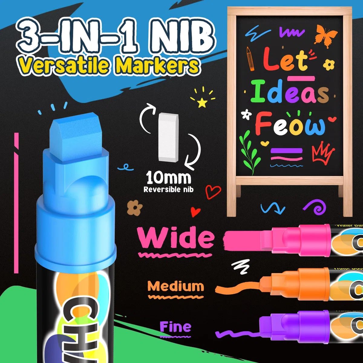 Lenski 10 Kreidestifte für Tafel Abwaschbar, 10MM Kreidestifte für Fenster, Einschulung Mädchen, Schultüte Füllung, 3-in-1 Spitze Kreidemarker Fensterstifte, Whiteboard Marker Stifte Kinder