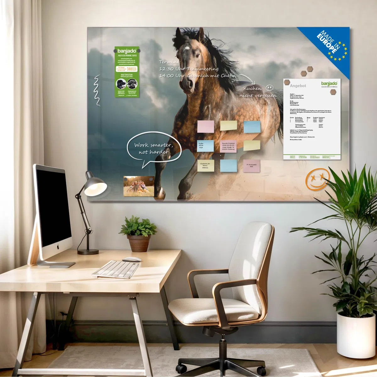 banjado Magnettafel aus Glas in 90x60cm für Notizen mit Pferdemotiv