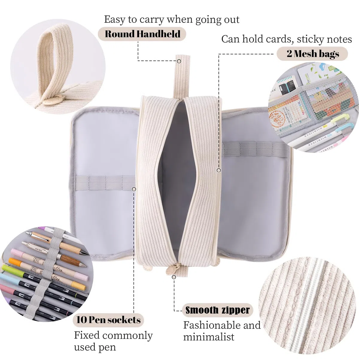 VICDUEKG Federmäppchen aus Cord-Stoff Federtaschen Mäppchen mit 3 Fächer Schulmäppchen Große Kapazität Stiftetasche Pencil Case für Schule & Büro (Beige)