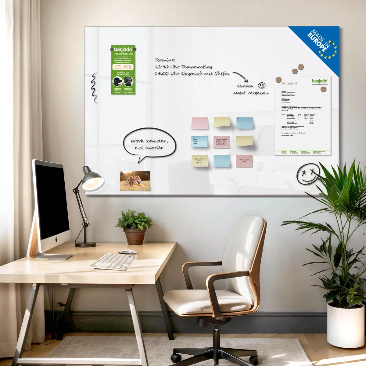 banjado Glas Magnettafel (120 x 80cm) - Magnetwand Glas - Magnetpinnwand als Memoboard - Pinnwand Magnettafel Küche, Büro, Kinderzimmer - weiß