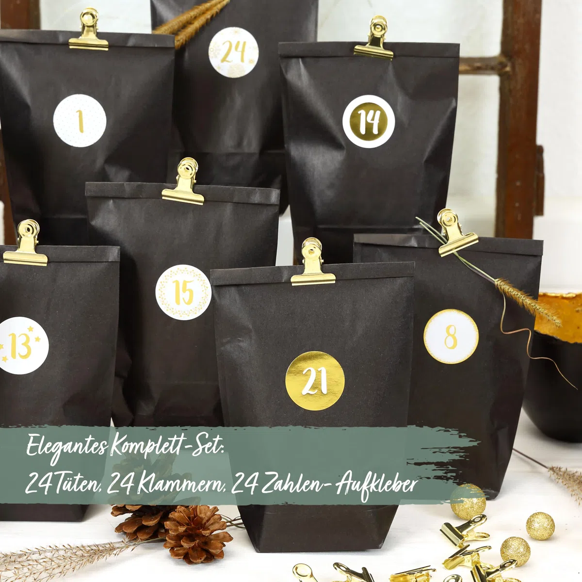 Papierdrachen Adventskalender 2025 zum Befüllen - 24 schwarze Geschenktüten mit Zahlenaufklebern & Metall-Klammern - DIY - zum Basteln - Weihnachten