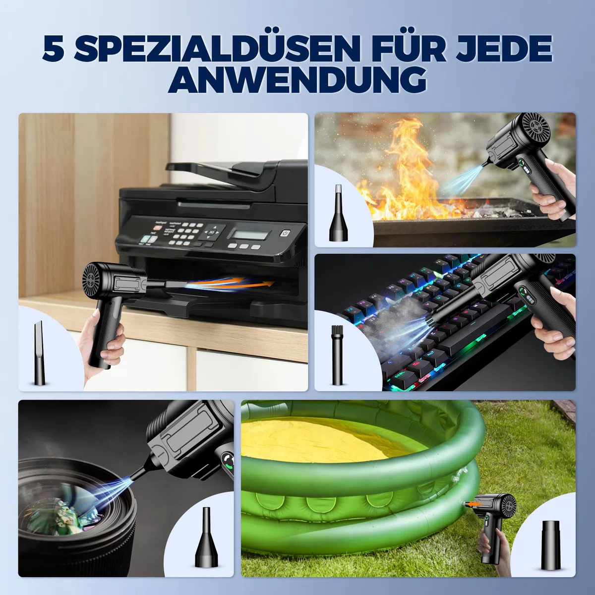 Elektrische Staubgebläse Akku, 3-Stufen 100000U/min Druckluftgebläse, USB-C Wiederaufladbarer Compressed Air Duster mit LED, Mini Handventilator für PC, Auto, Tastatur, Bürogeräte