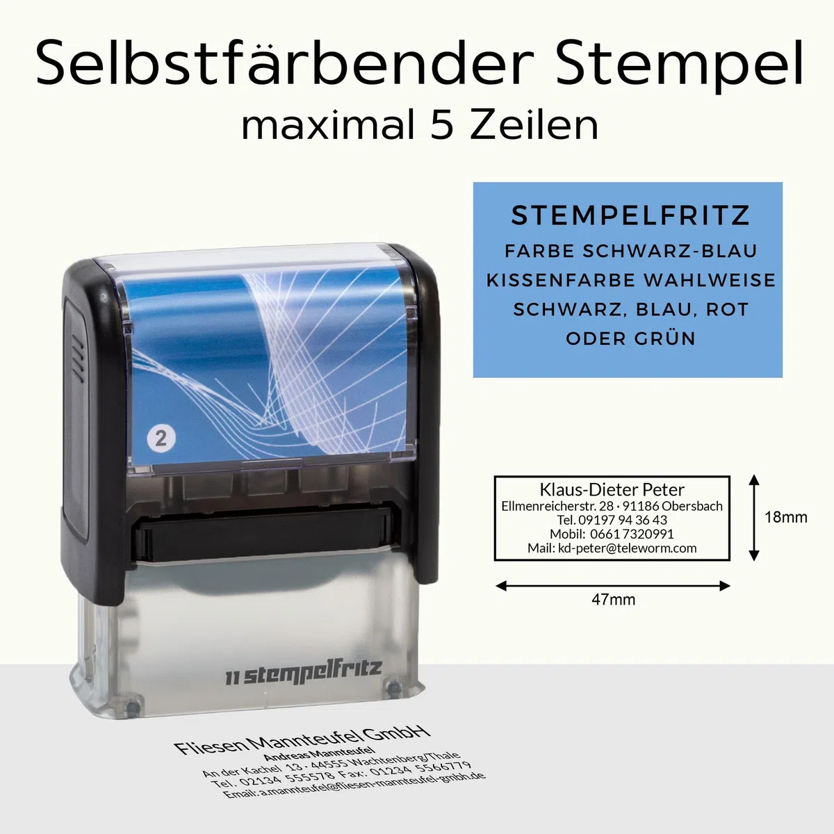 Selbstfärbender Stempel stempelfritz Gr.2 direkt hier Erstellen – personalisierter Firmenstempel, Adressstempel, Namensstempel oder Familienstempel – Gehäuse Schwarz-Blau, 47x18mm, max. 5 Zeilen