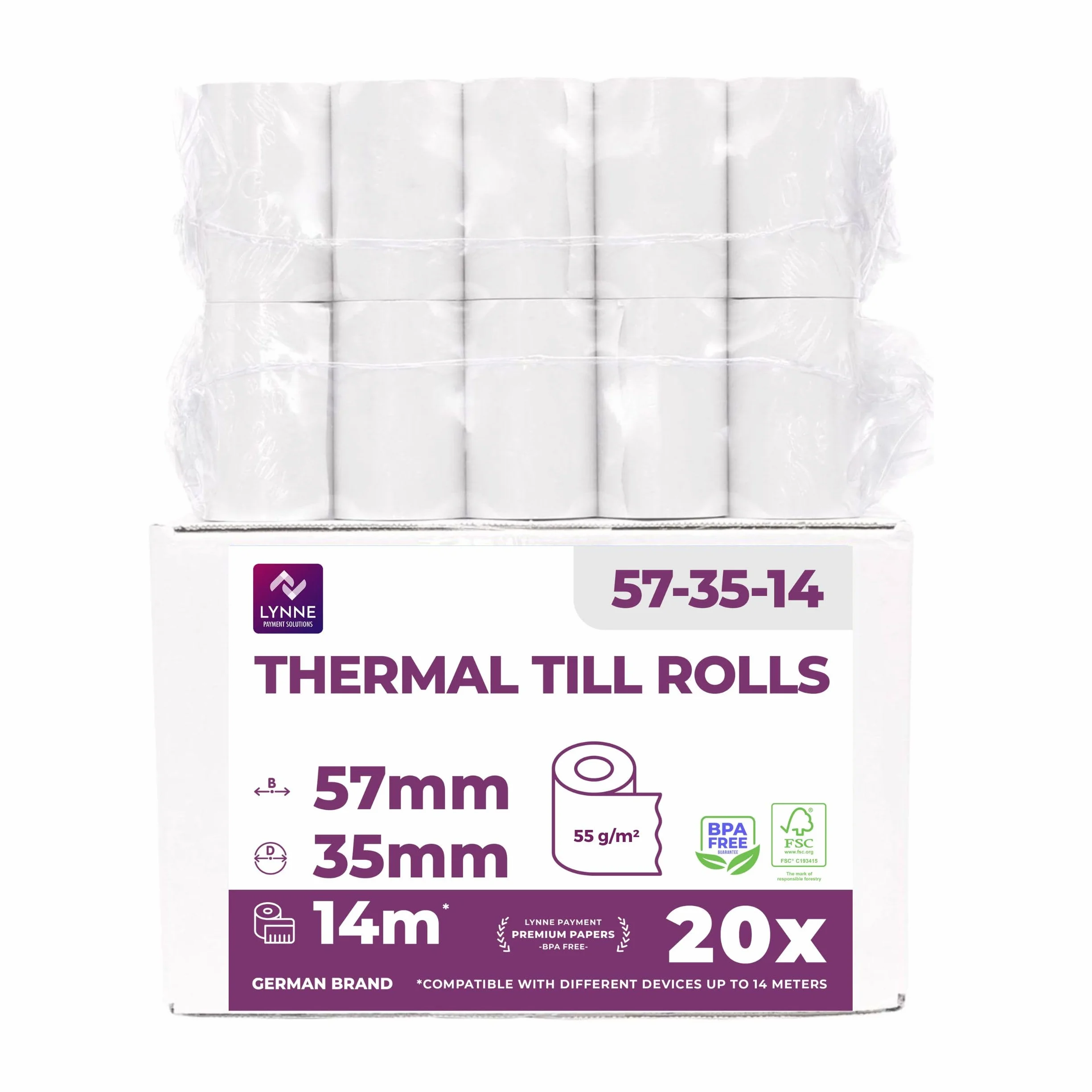 Ec-Cash Thermorollen 57mm x 14m x 12mm - Kassenrollen - Thermopapier - Bonrollen für Bankomat - Kredit-Kartenlesegeräte (57x35x12) (20 Rollen)