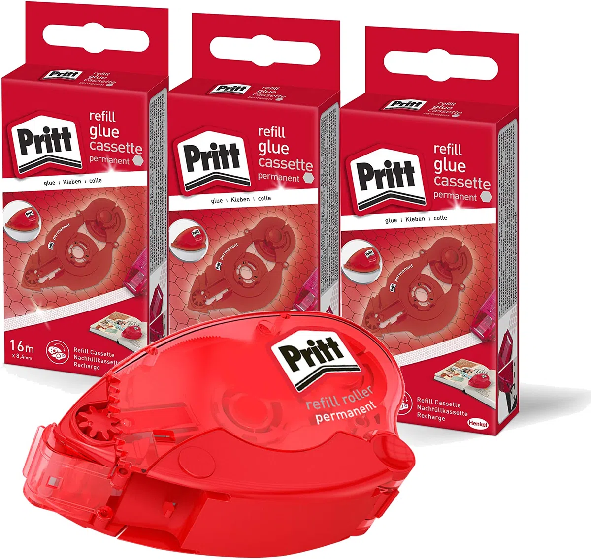 Pritt Kleberoller permanent, Gehäuse recyceltem Plastik, 16m x 8,4mm Premium Klebewaben+ 3 Nachfüller Eco Pack