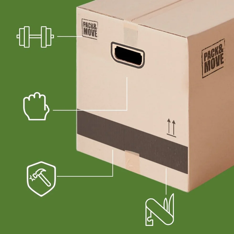 Pack and Move – Packung mit 40 XL-Aufbewahrungs-Umzugskartons – 80 x 40 x 40 cm – verstärkte Griffe – 2 gratis Kleber