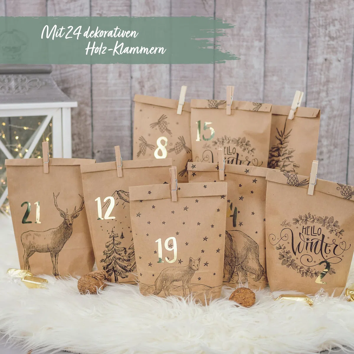 Papierdrachen Adventskalender 2025 zum Befüllen - 24 bedruckte Papiertüten mit Zahlenaufklebern & Klammern - Motiv Cozy Winter schwarz - DIY - zum Basteln