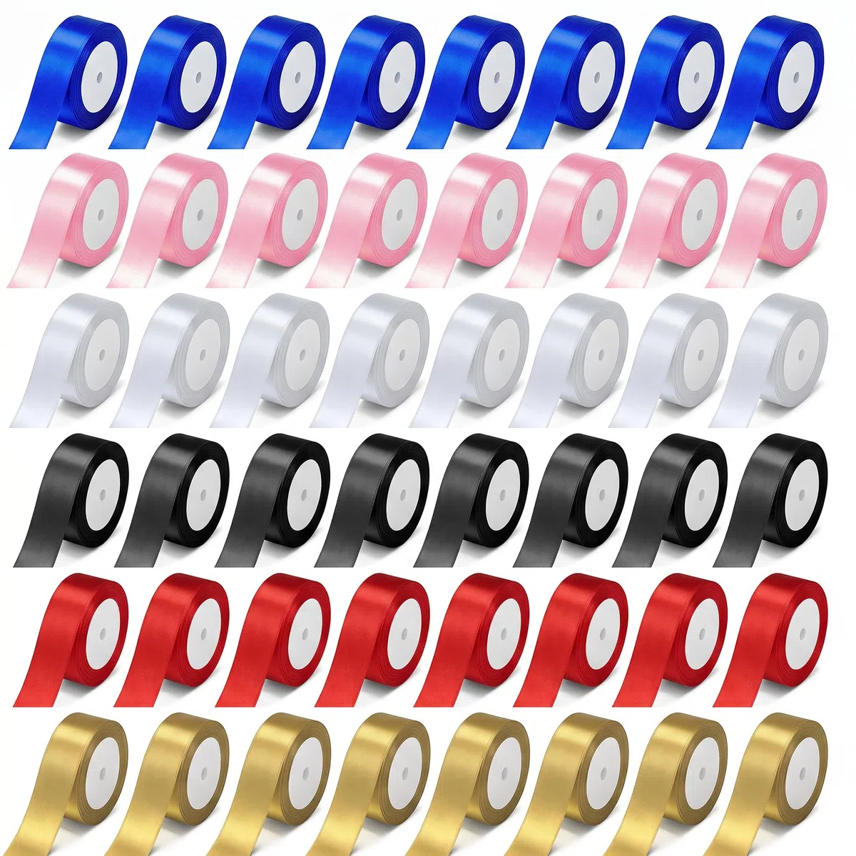 Satinband, sortiert, 25 mm x 48 Rollen (6 Farben, je 8 Rollen) – Weiß, Schwarz, Blau, Gold, Rosa, Rot – breites Stoffband Großpackung für Geschenkverpackung, Hochzeit, Urlaub, Basteln