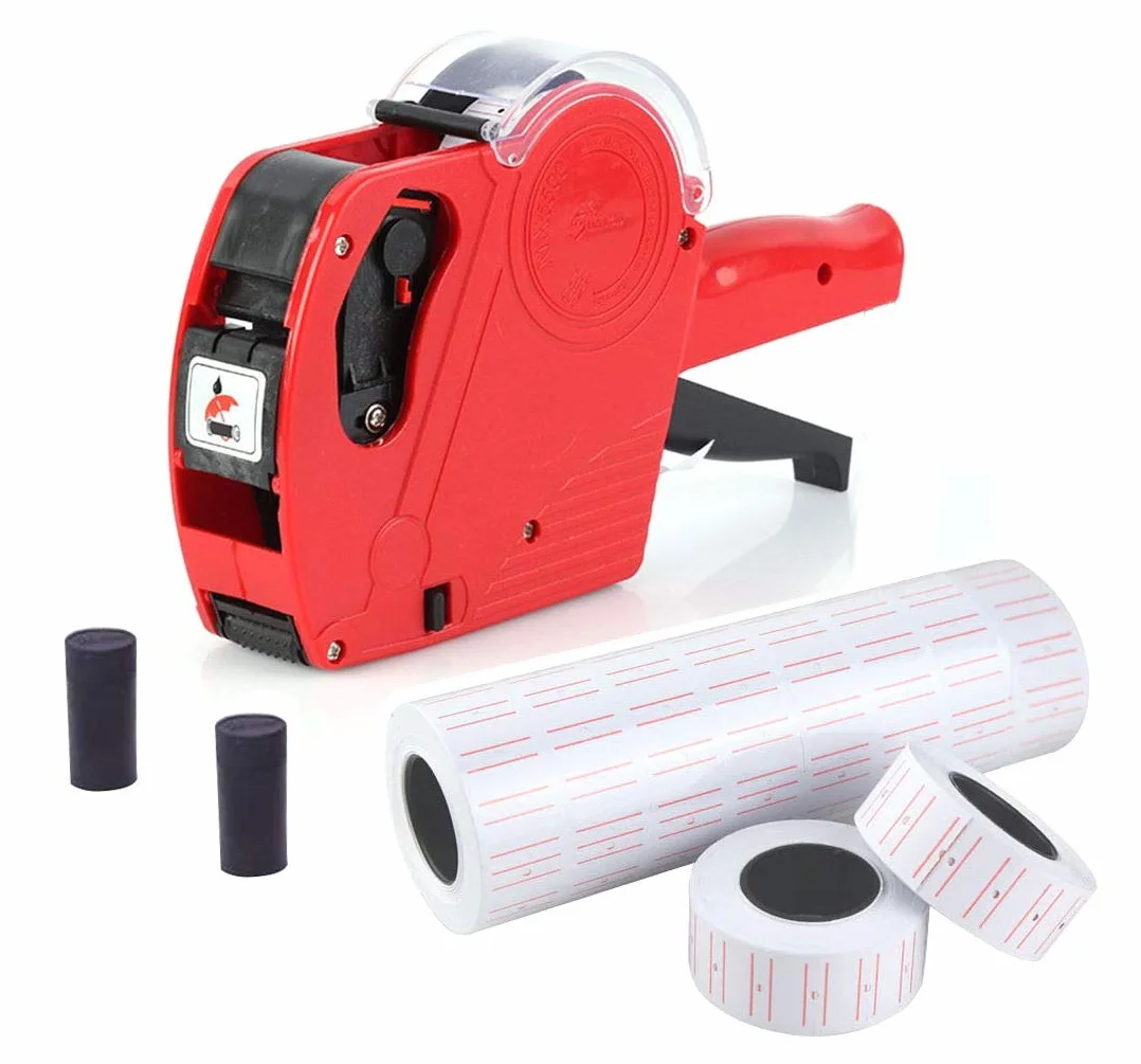 JZK Preisauszeichner 1 Linie 8 Zeichen Einzelhandel Preisschild Pistole Kit mit 10 Rollen Etikett und 2 Tintenpatronen, rot
