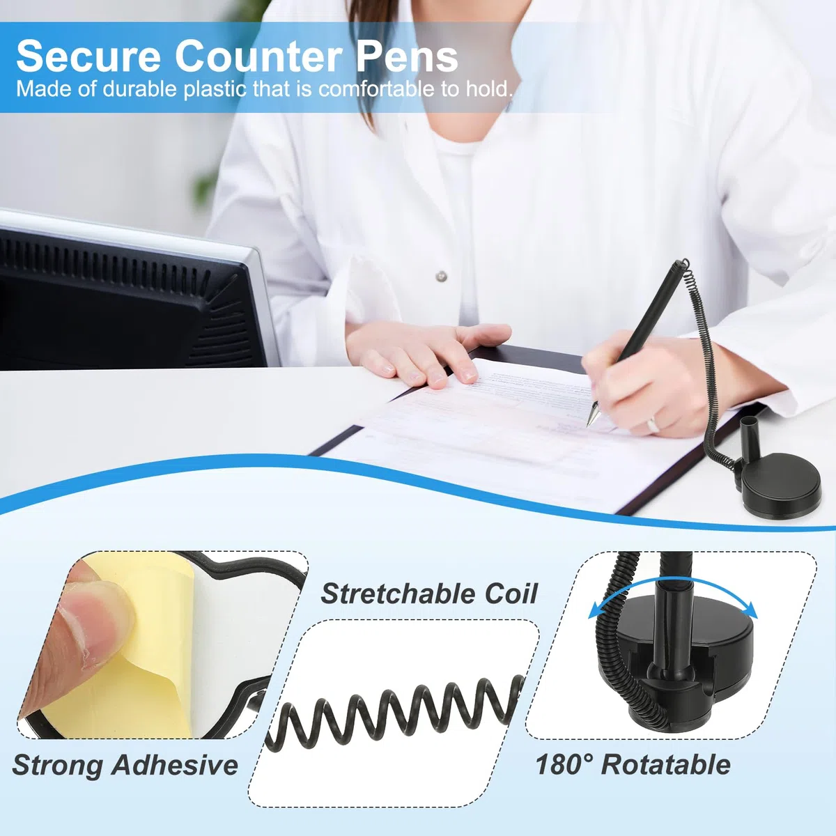 PATIKIL 6Pcs Sicherer Stift mit Klebebandkette und Sicherem Stifthalter, Empfangstresenstifte Schreibtischstift Schwarze Tinte Nachfüllungen für Büro Zuhause Zubehör, Runde Basis, Schwarz