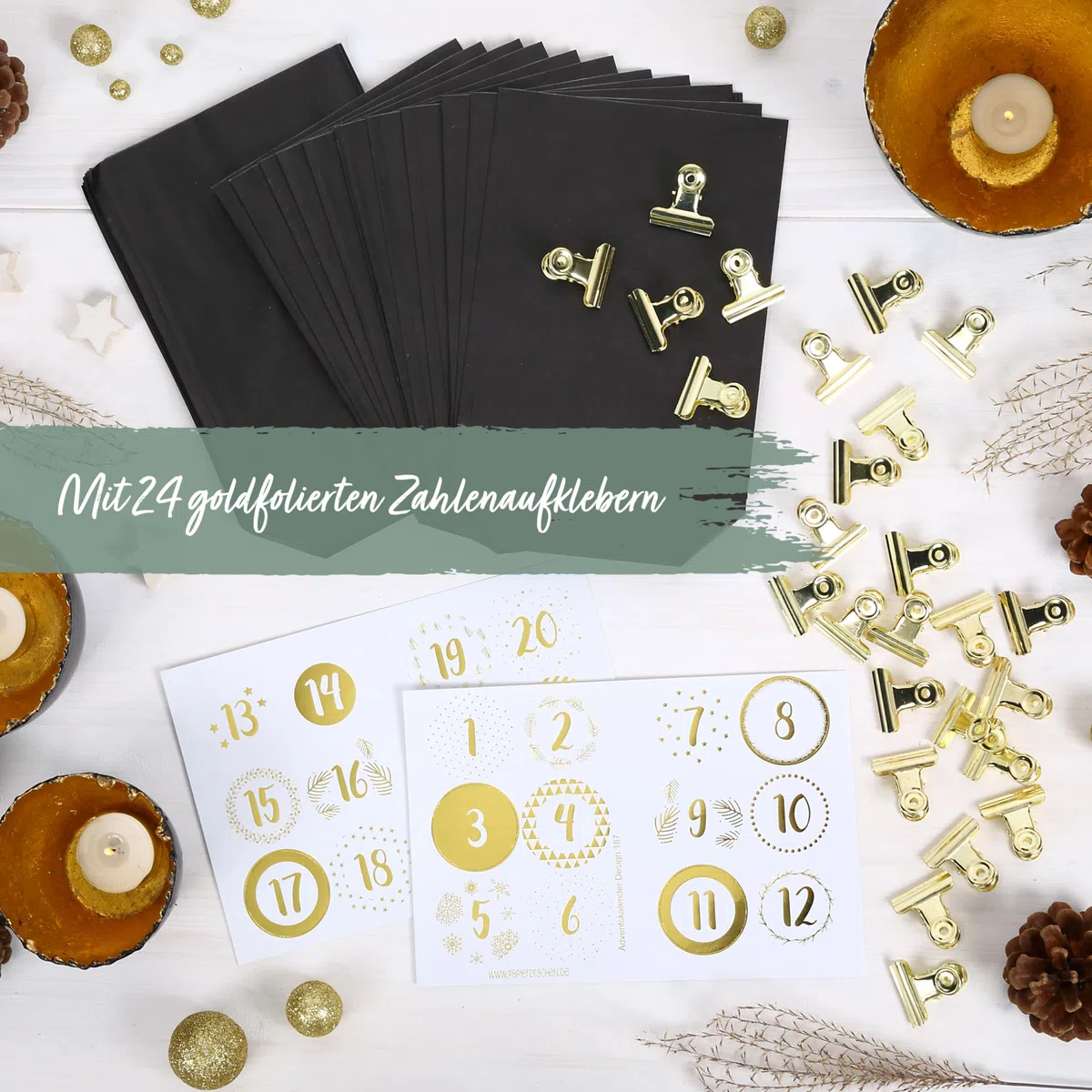 Papierdrachen Adventskalender 2025 zum Befüllen - 24 schwarze Geschenktüten mit Zahlenaufklebern & Metall-Klammern - DIY - zum Basteln - Weihnachten