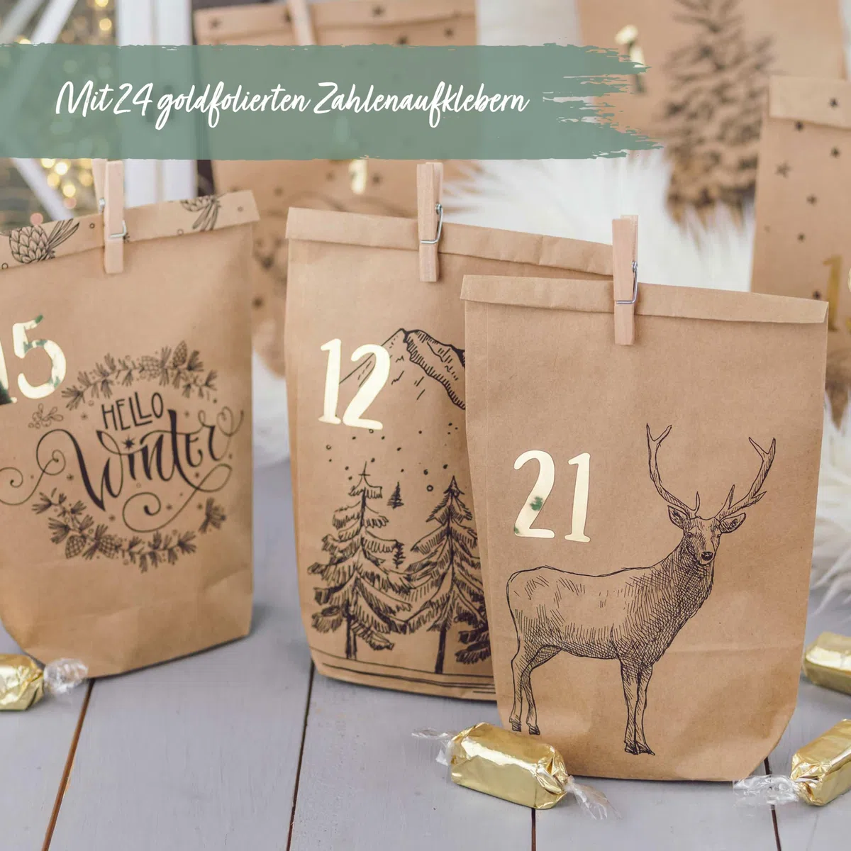 Papierdrachen Adventskalender 2025 zum Befüllen - 24 bedruckte Papiertüten mit Zahlenaufklebern & Klammern - Motiv Cozy Winter schwarz - DIY - zum Basteln