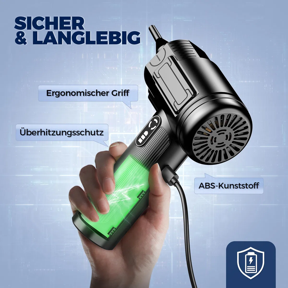 Elektrische Staubgebläse Akku, 3-Stufen 100000U/min Druckluftgebläse, USB-C Wiederaufladbarer Compressed Air Duster mit LED, Mini Handventilator für PC, Auto, Tastatur, Bürogeräte