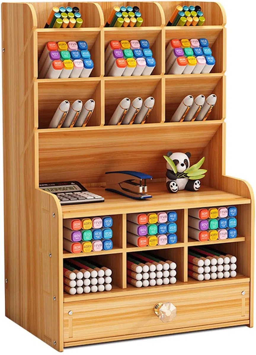 Mnkyer Hölzerner Schreibtischorganisator Multifunktionale Desktop Schreibwaren Stifthalterbox für das Home Office School Supply-Lagerregal mit Schublade (Kirsche-b16)