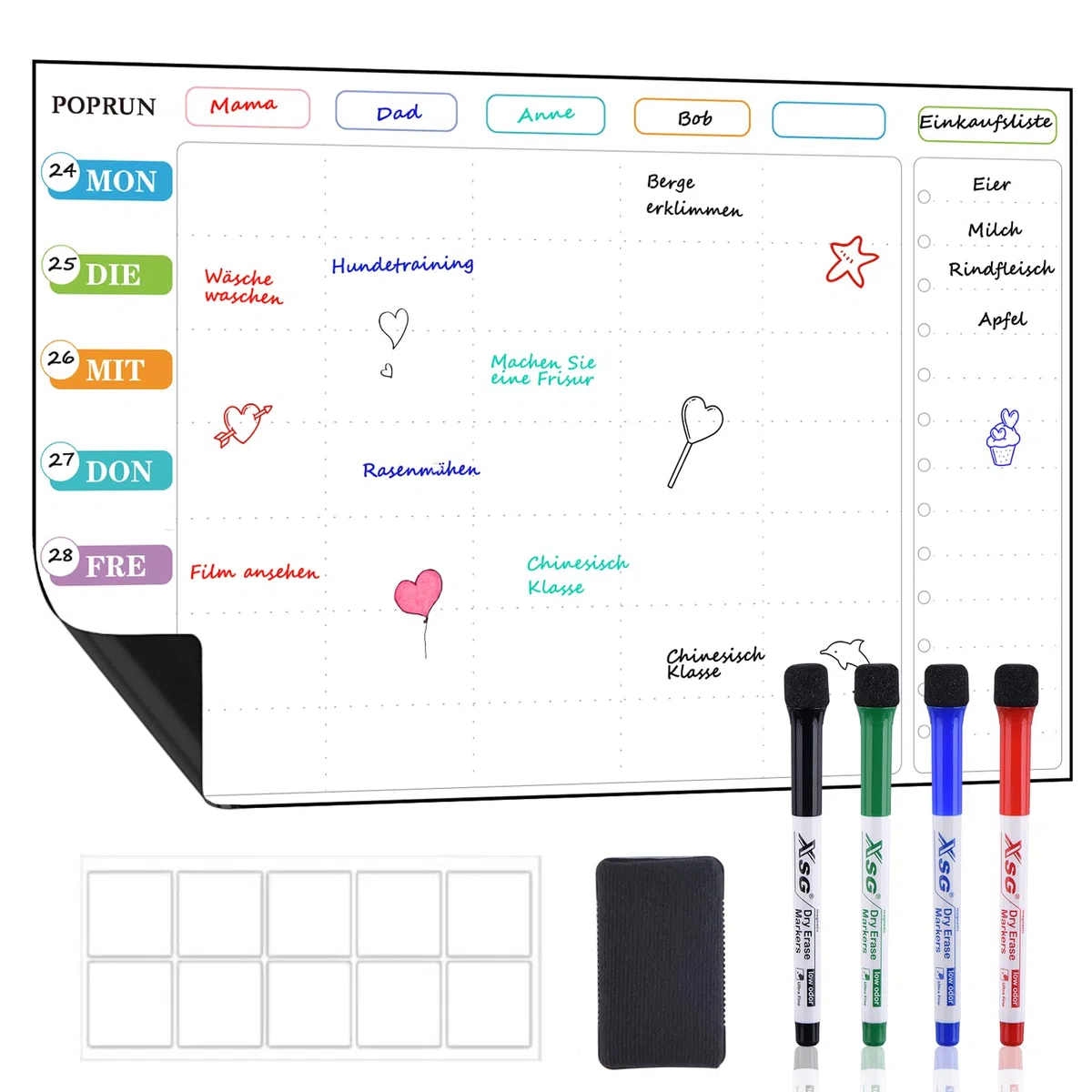 POPRUN Whiteboard Magnetisch 43 x 28 cm, Wochenplaner Abwischbar für Kühlschrank, Magnettafel als Haushaltsplaner, Essenplaner und Putzplaner für die Familie