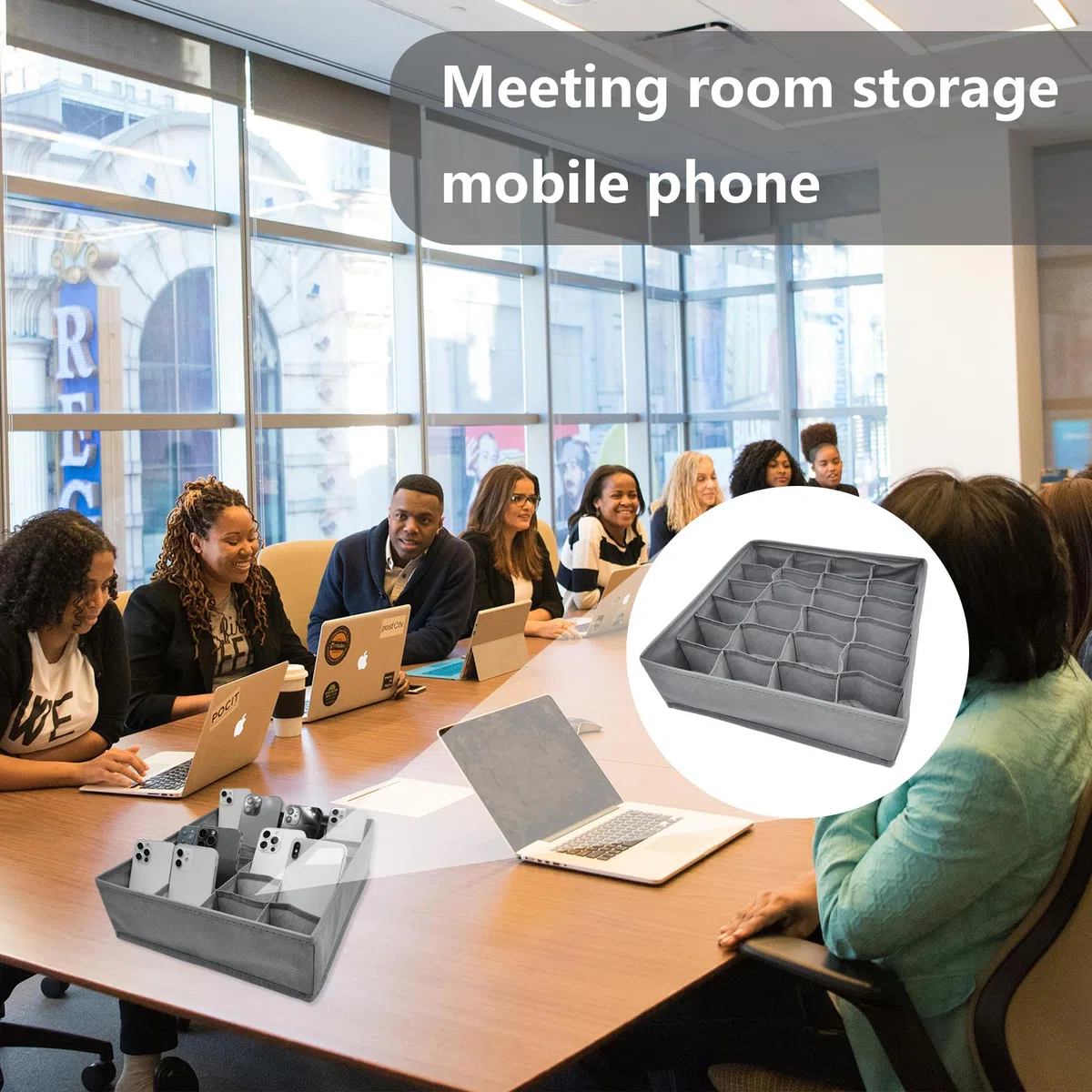 Handy Aufbewahrungsbox Desktop Multifunktionale Handygarage Organizer Telefonbox Storage Kasten Smartphone-Ablagebox Schulungen Klassenzimmer Büro Seminare Konferenzen (grau, 24 Grids)