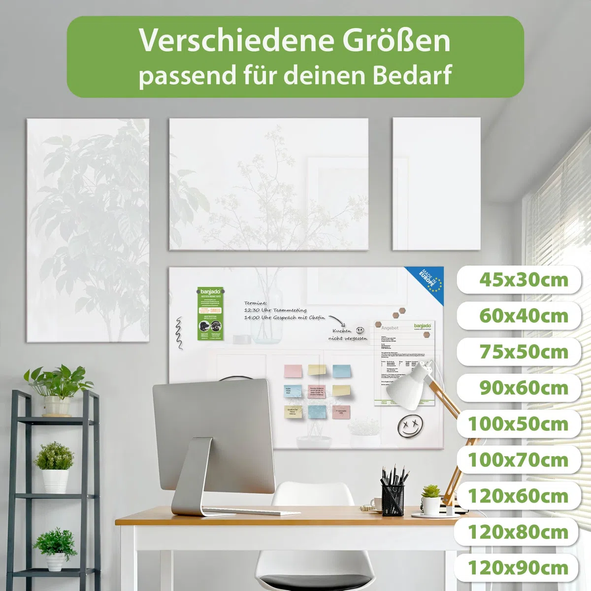 banjado Glas Magnettafel (120 x 80cm) - Magnetwand Glas - Magnetpinnwand als Memoboard - Pinnwand Magnettafel Küche, Büro, Kinderzimmer - weiß