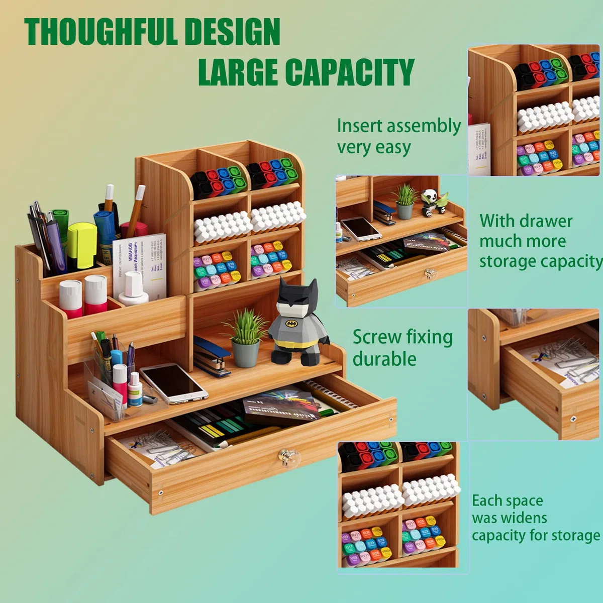 Schreibtisch Organizer aus Holz,Stiftehalter Schreibtisch mit Schublade,Multifunktionaler Büro Organizer,für Stifte Büro Zuhause Schule. (B17-Braun)