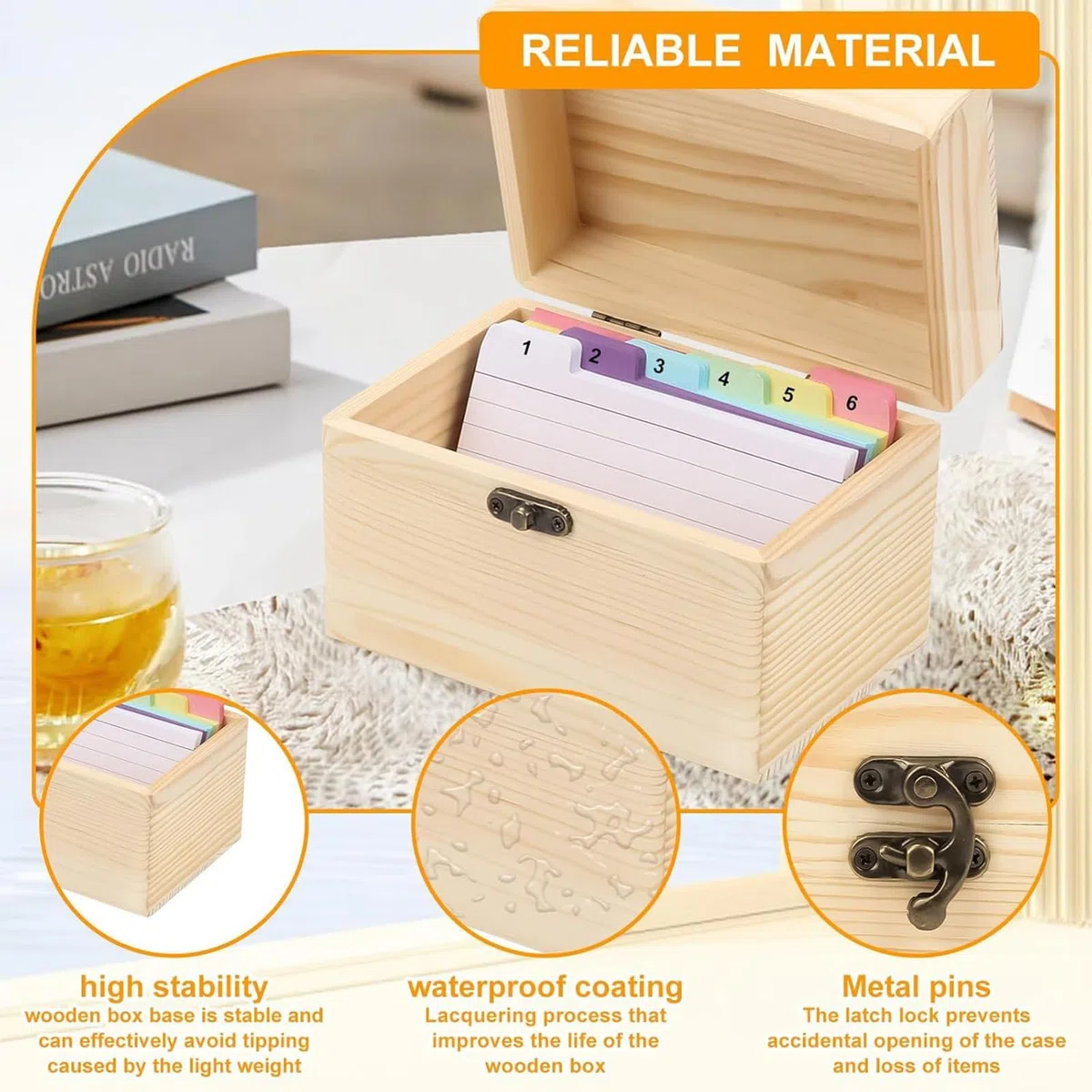 Generisch Holzkartenbox aus Holz - enthält 150 farbenfrohe A7 -Karteikarten | Kartenorganisator mit Deckel für Küchenrezept Büroschule | Karteikarten Box - Notizhalter Datei Organizer Divider Fall
