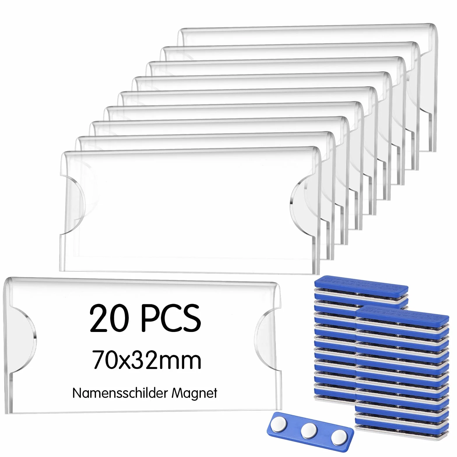 Yoosso 20 Stück Magnetische Namensschilder, 75 x 30mm, Transparent, Acryl, 3-Punkt Neodym-Magnete, Für Kleidung, Büro, Schule, Konferenzen