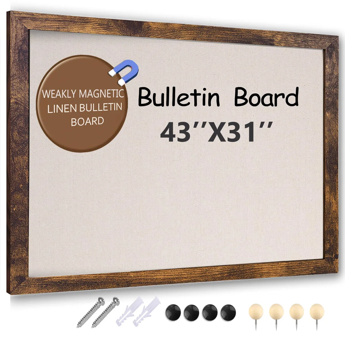 Große magnetische Pinnwand, 109 x 78 cm, rustikaler Holzrahmen, Korktafel mit Leinen, Wandmontage, Pinnwand mit Reißzwecken für Zuhause, Büro, Schule