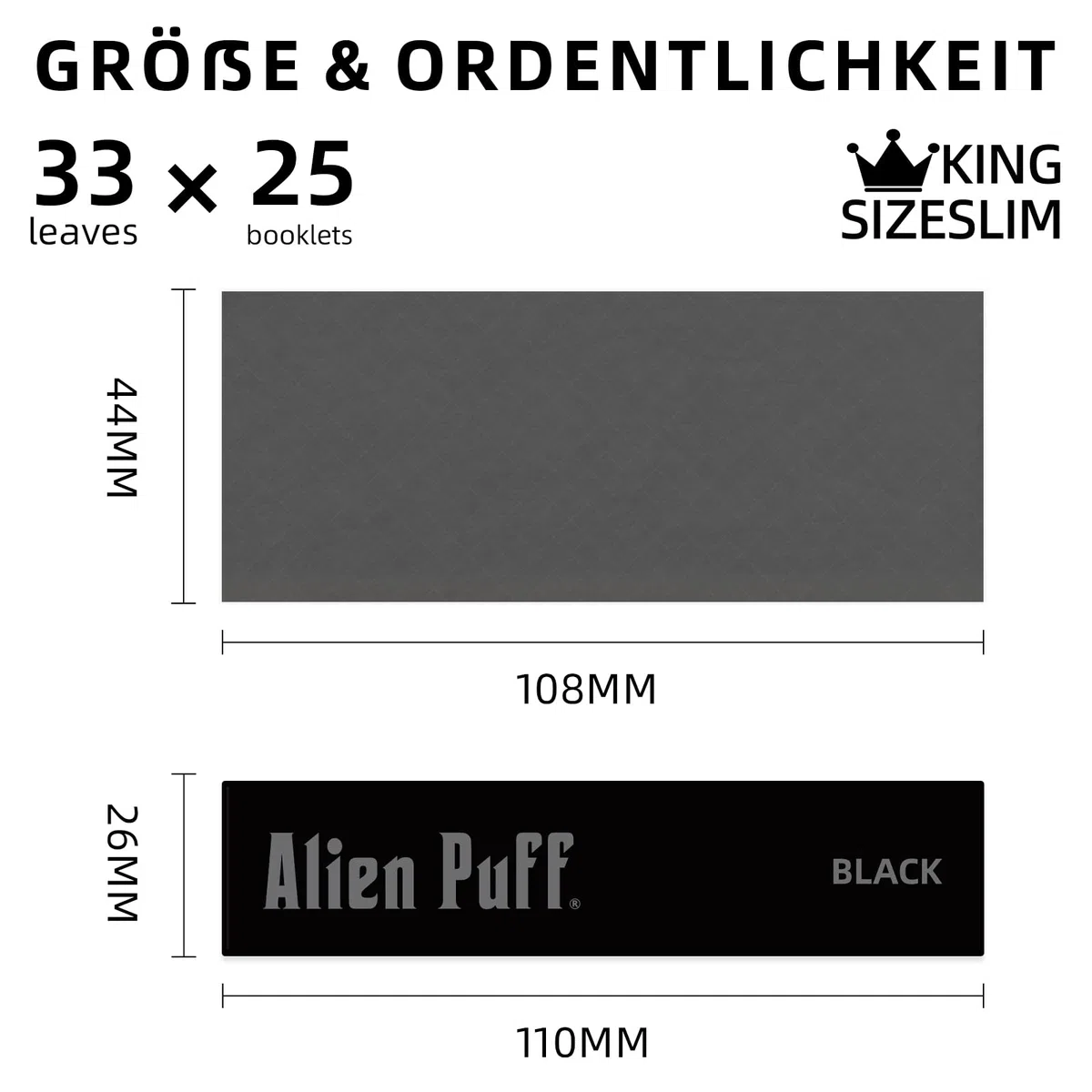 Alien Puff Black Papierrollen 25 Packs Rolling Papers, 110mm KingSizeSlim, Langsam Brennend&Gummi Arabicum