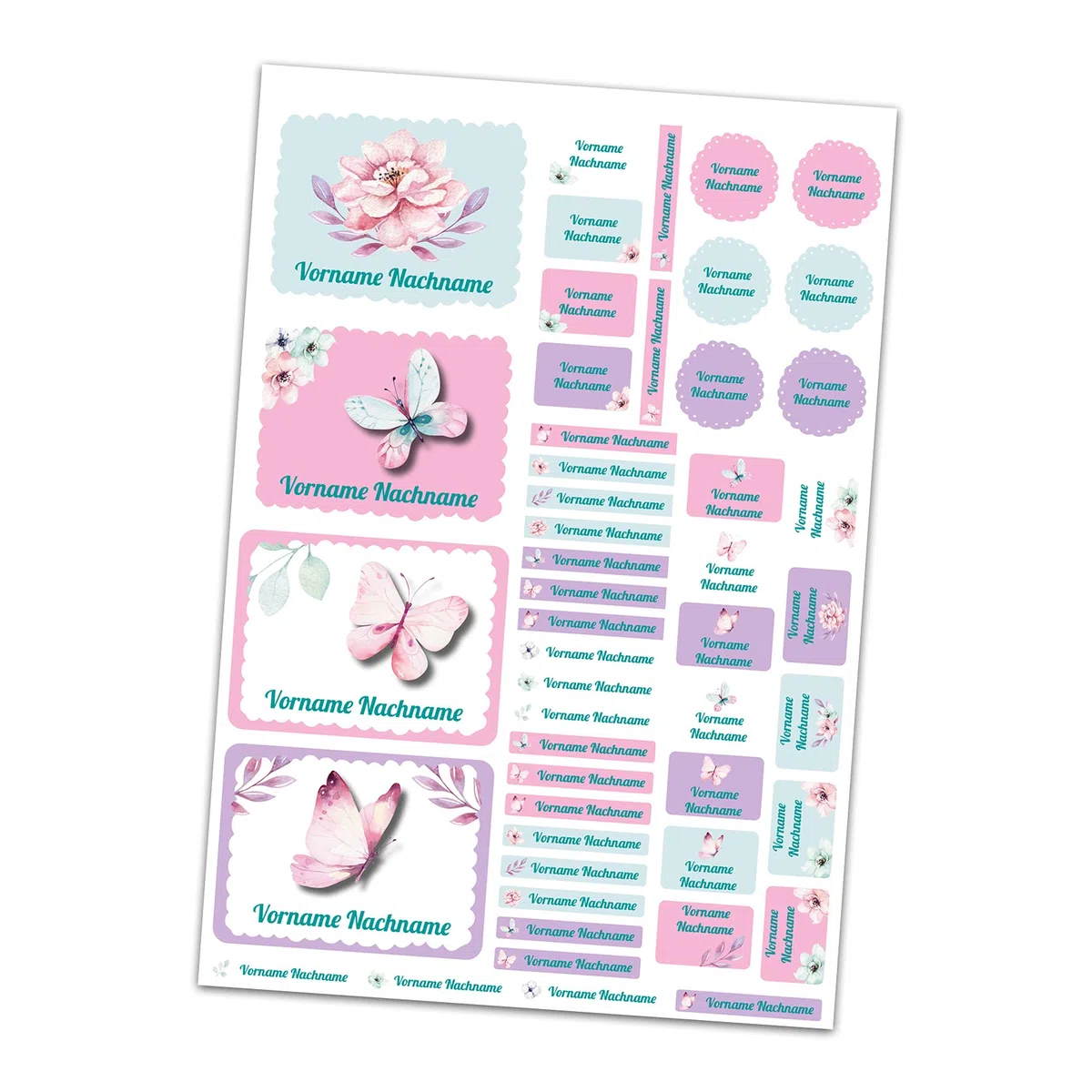 Finest Folia 50 x Namensaufkleber mit Wunschname personalisiert Aufkleber Set mit Kinder Name Beschriftung Schule Kindergarten Kleidung Sticker wasserfest (15 Schmetterlinge)