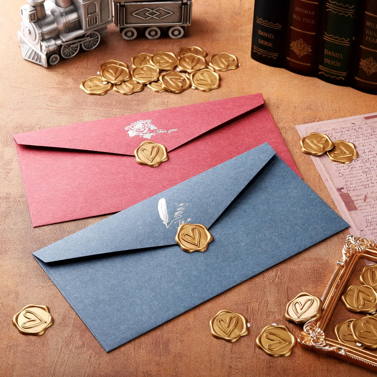 Wachssiegel Selbstklebend 50 Stück Gold Umschlagaufkleber Wachssiegelstempel Sticker Siegelaufkleber für Hochzeit Geburtstag Party