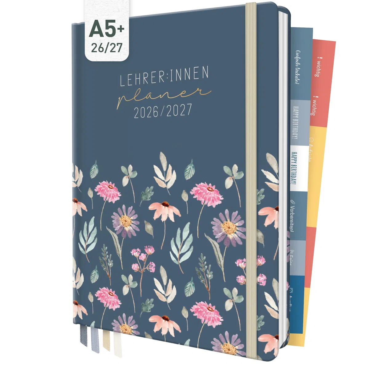 Häfft® Lehrer-Planer 2026/2027 im A5+ Format "Flying Flowers" – Lehrerkalender & Schulplaner mit Hardcover, 4 Lesebändchen, Stickern & Notenlisten