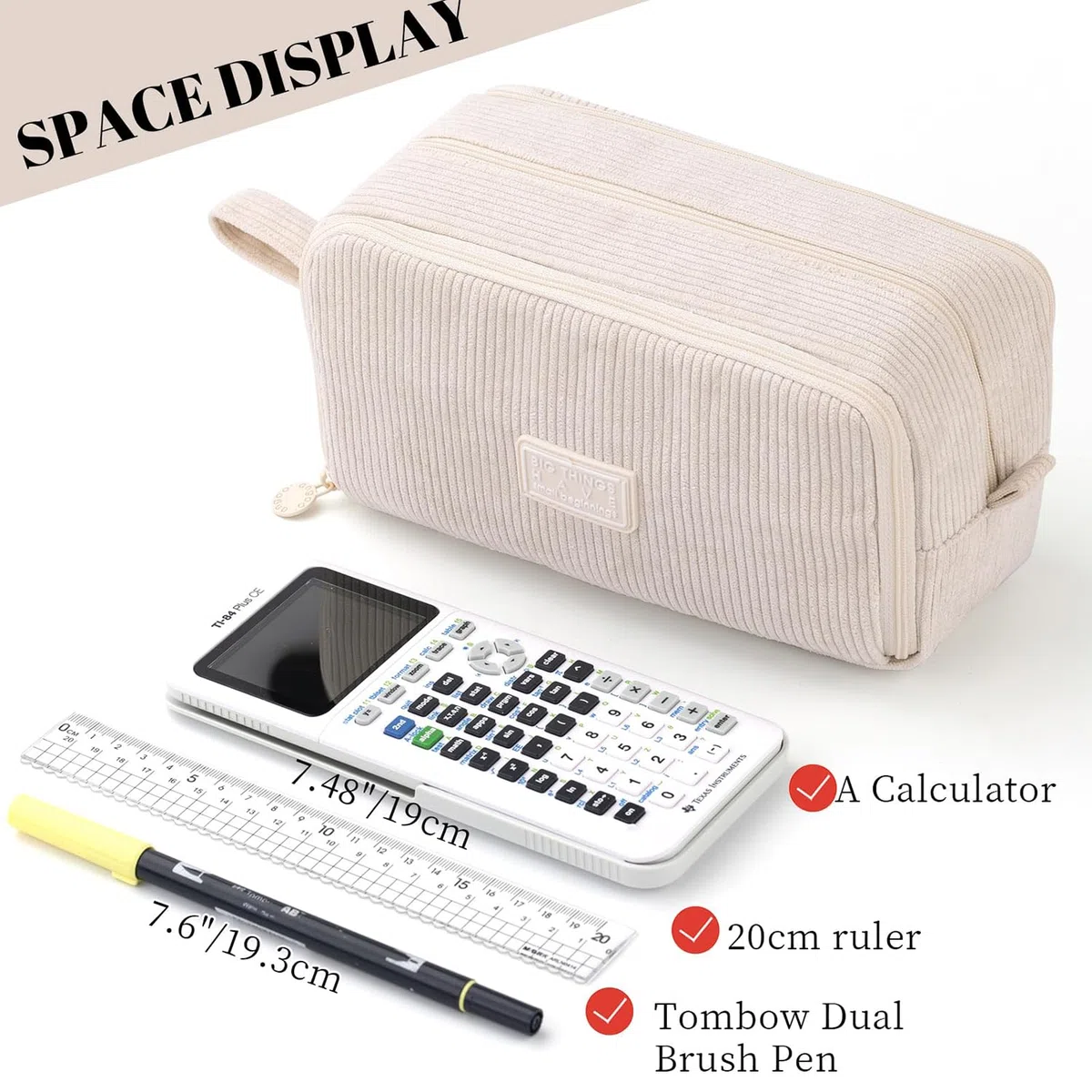 VICDUEKG Federmäppchen aus Cord-Stoff Federtaschen Mäppchen mit 3 Fächer Schulmäppchen Große Kapazität Stiftetasche Pencil Case für Schule & Büro (Beige)