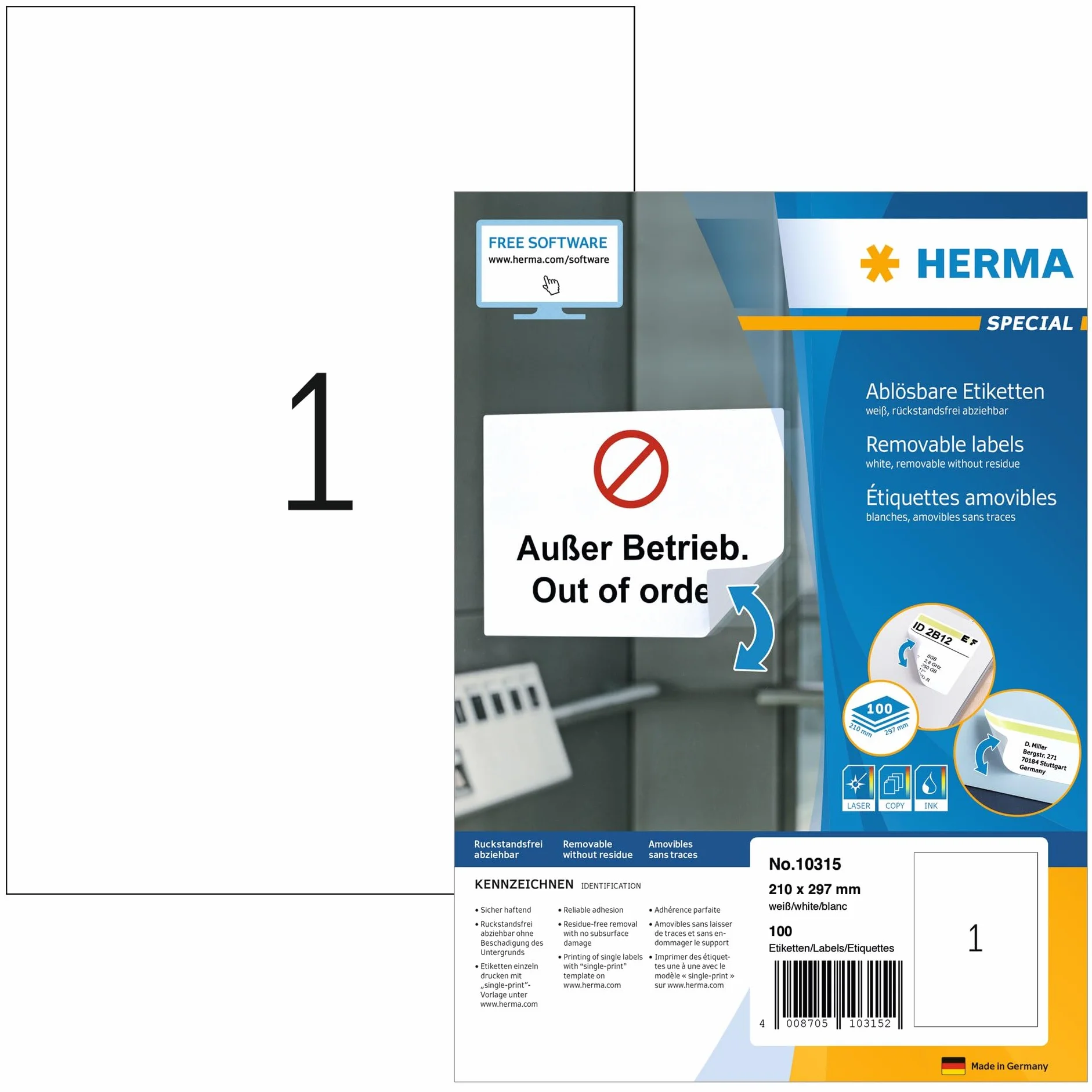 HERMA 10315 Universal Etiketten ablösbar, 1400 Blatt, 210 x 297 mm, 1 pro A4 Bogen, 1400 Stück, selbstklebend, bedruckbar, matt, blanko Papier Klebeetiketten Aufkleber, weiß