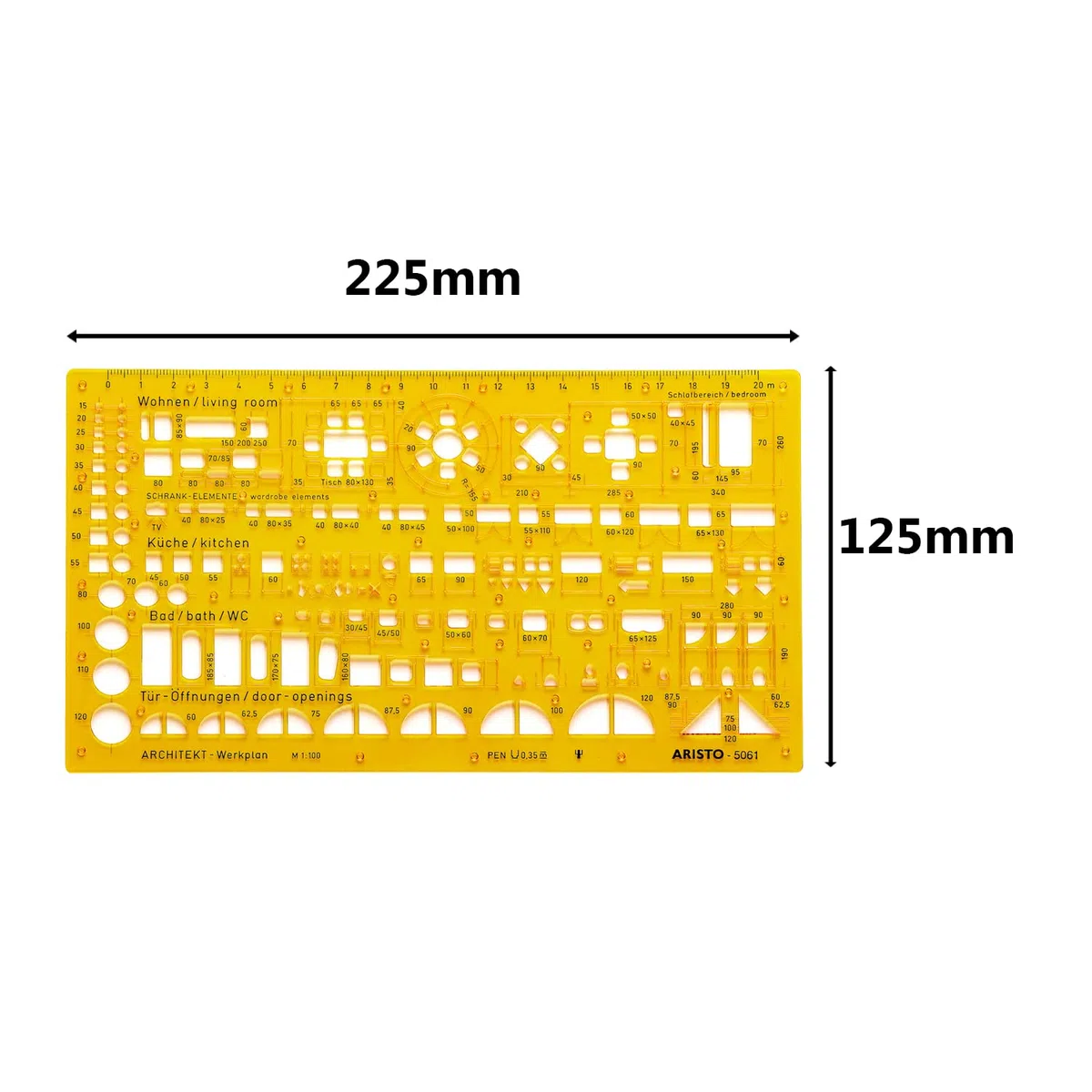Aristo AR5061 Architektur Kombi Schablone 2 (1:100, Symbole für Grundrissdarstellung, Tuschenoppen, formstabiler PET-Kunststoff) orange-transparent