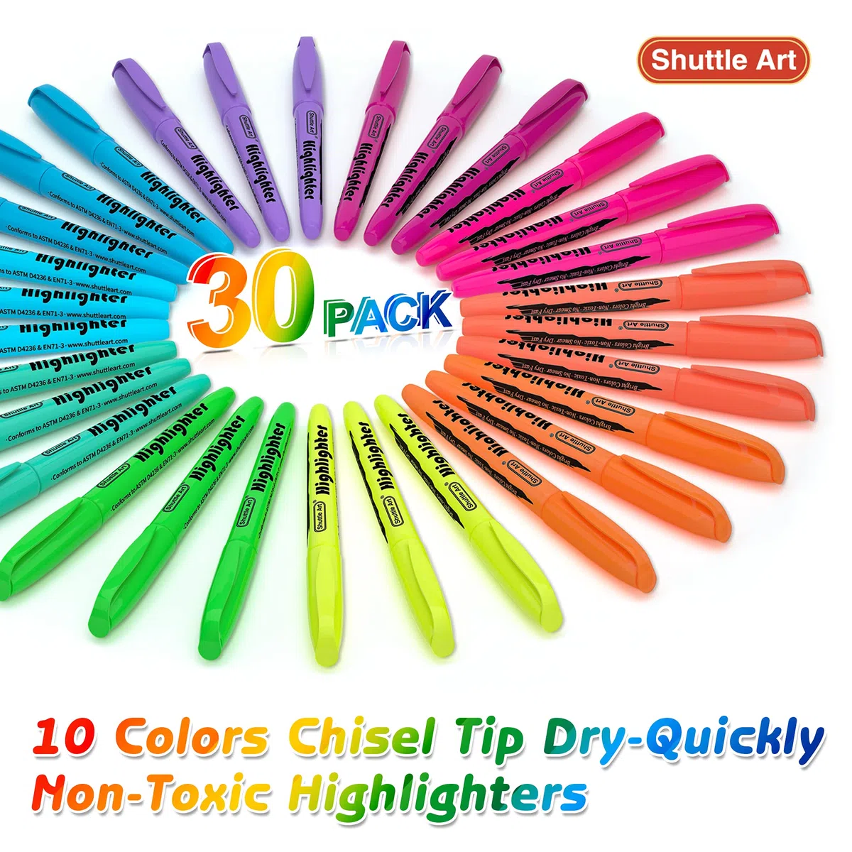 Shuttle Art Textmarker, 30 Stück, sortierte Farben, 10 Farben, Keilspitze, schnell trocknend, ungiftig, für Erwachsene und Kinder, für Zuhause, Schule, Büro