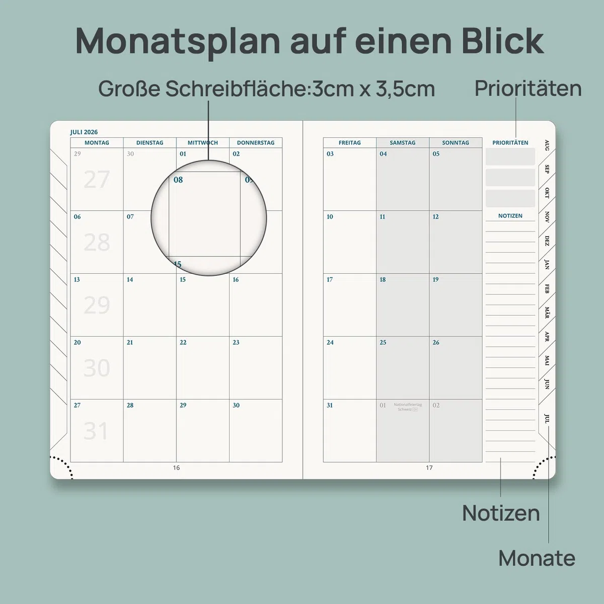 POPRUN Lehrerkalender 2026 2027 A5 auf Deutsch - Lehrerplaner 26/27 für die Vorbereitung mit Monatliches Register. Schulplaner mit PU-Leder Softcover für Lehrerinnen und Lehrer (Pazifikgrün)