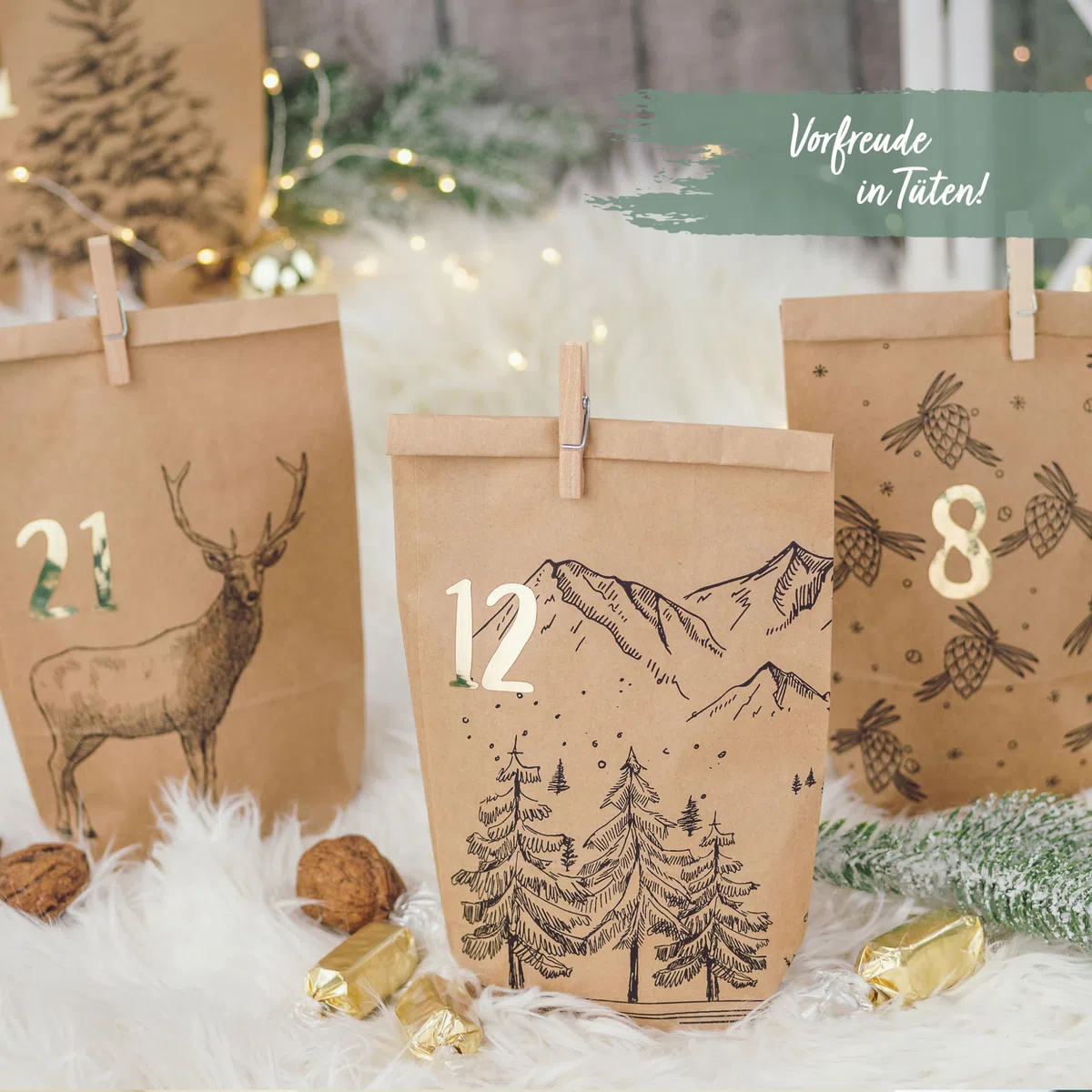 Papierdrachen Adventskalender 2025 zum Befüllen - 24 bedruckte Papiertüten mit Zahlenaufklebern & Klammern - Motiv Cozy Winter schwarz - DIY - zum Basteln