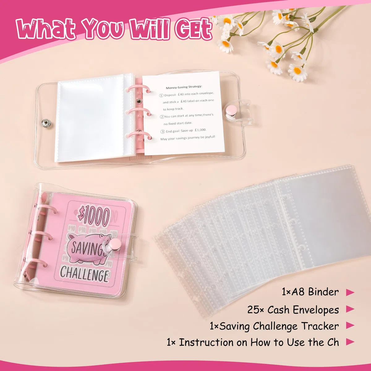 Mini-Geldsparordner mit 25 Umschlägen, 1000 £ Sparbuch, tragbar für Budgetierung, Geldplaner, Schulklassenpreis, Geschenk (lila)