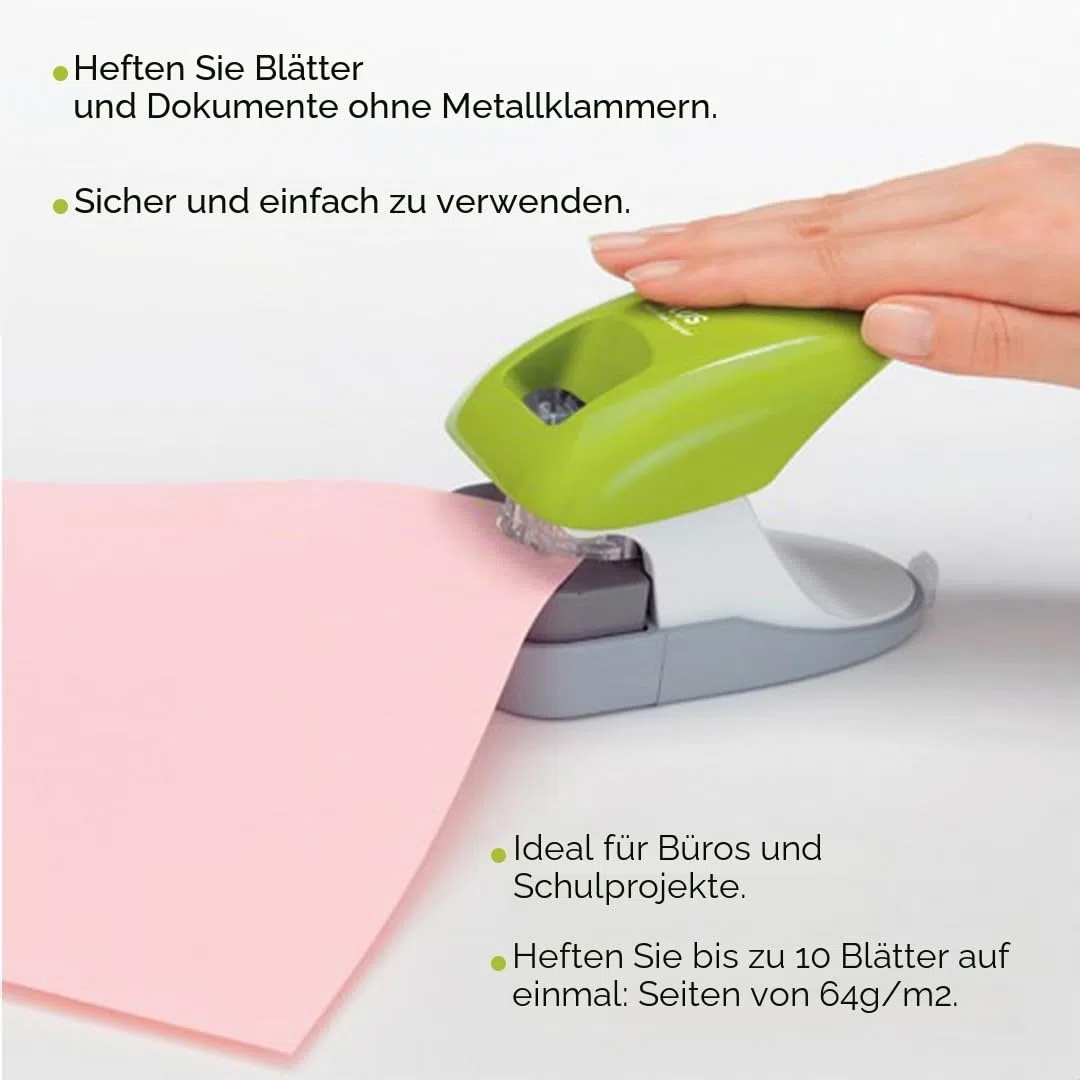 PLUS, Klammerloser Hefter Schreibtischmodell, Heftleistung 10 Blatt, mit Anschlagschiene, Heft- und Lochfunktion, Schwarz