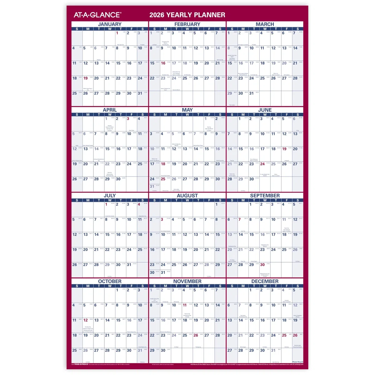 AT-A-GLANCE 2026 radierbarer Kalender, trocken abwischbarer Wandplaner, 91,4 x 61 cm, groß, vertikal, horizontal, wendbar (PM26B2826)