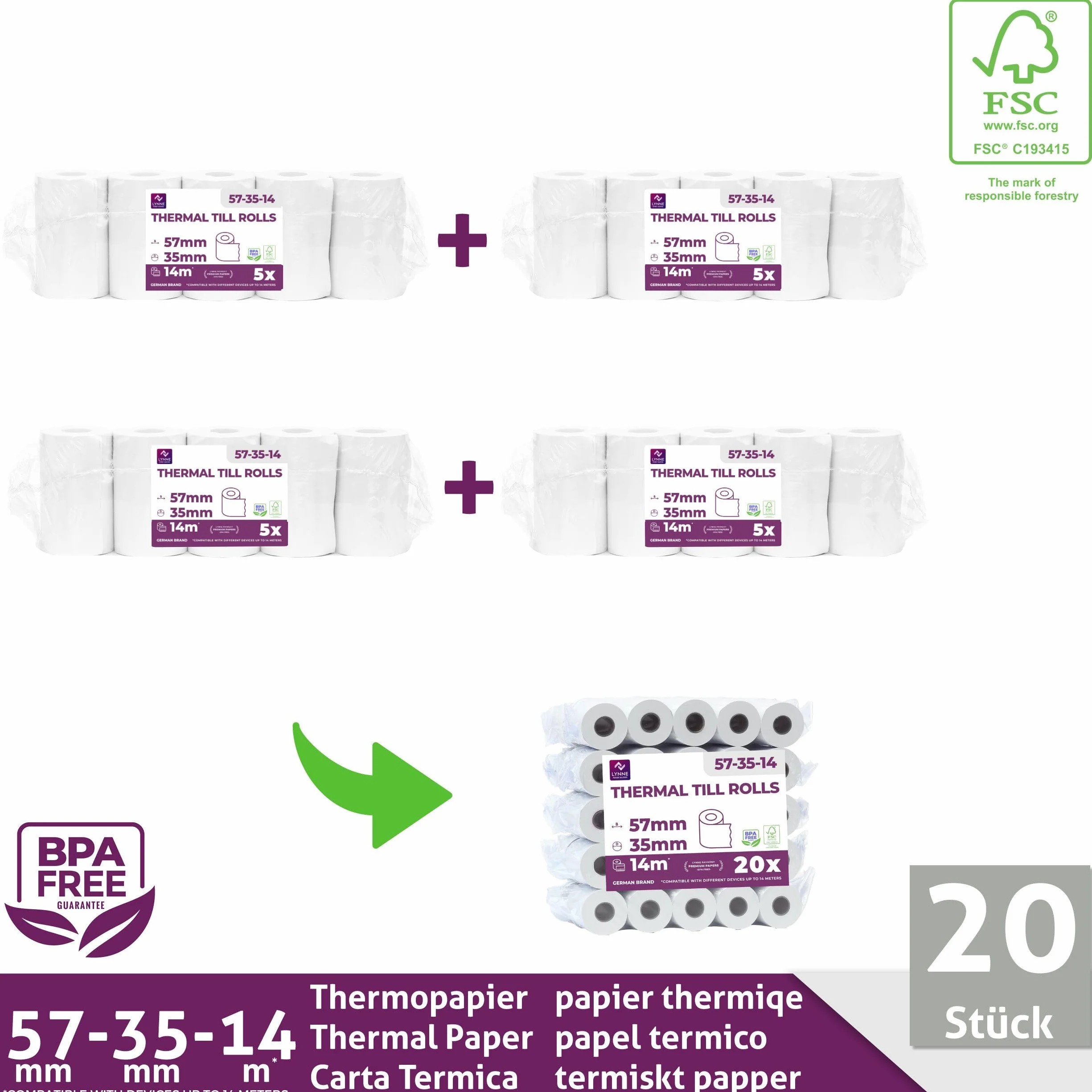 Ec-Cash Thermorollen 57mm x 14m x 12mm - Kassenrollen - Thermopapier - Bonrollen für Bankomat - Kredit-Kartenlesegeräte (57x35x12) (20 Rollen)