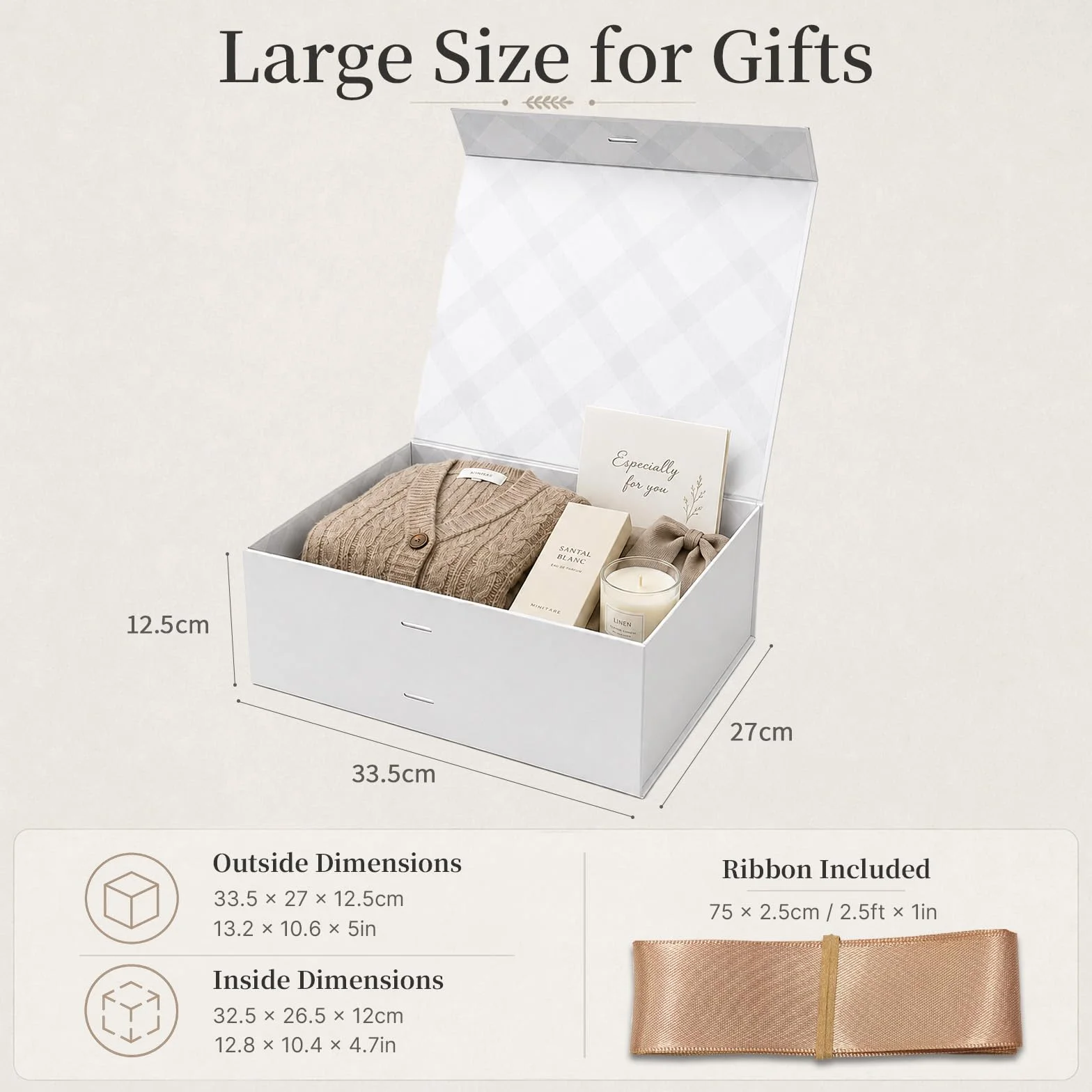 Tekhoho Scatola Regalo Bianco Grande 33.5x27x12.5 cm, Scatola Regalo Premium con Coperchio Magnetico e Nastro per Confezioni Regalo di Matrimonio e Compleanno, Fodera Plaid