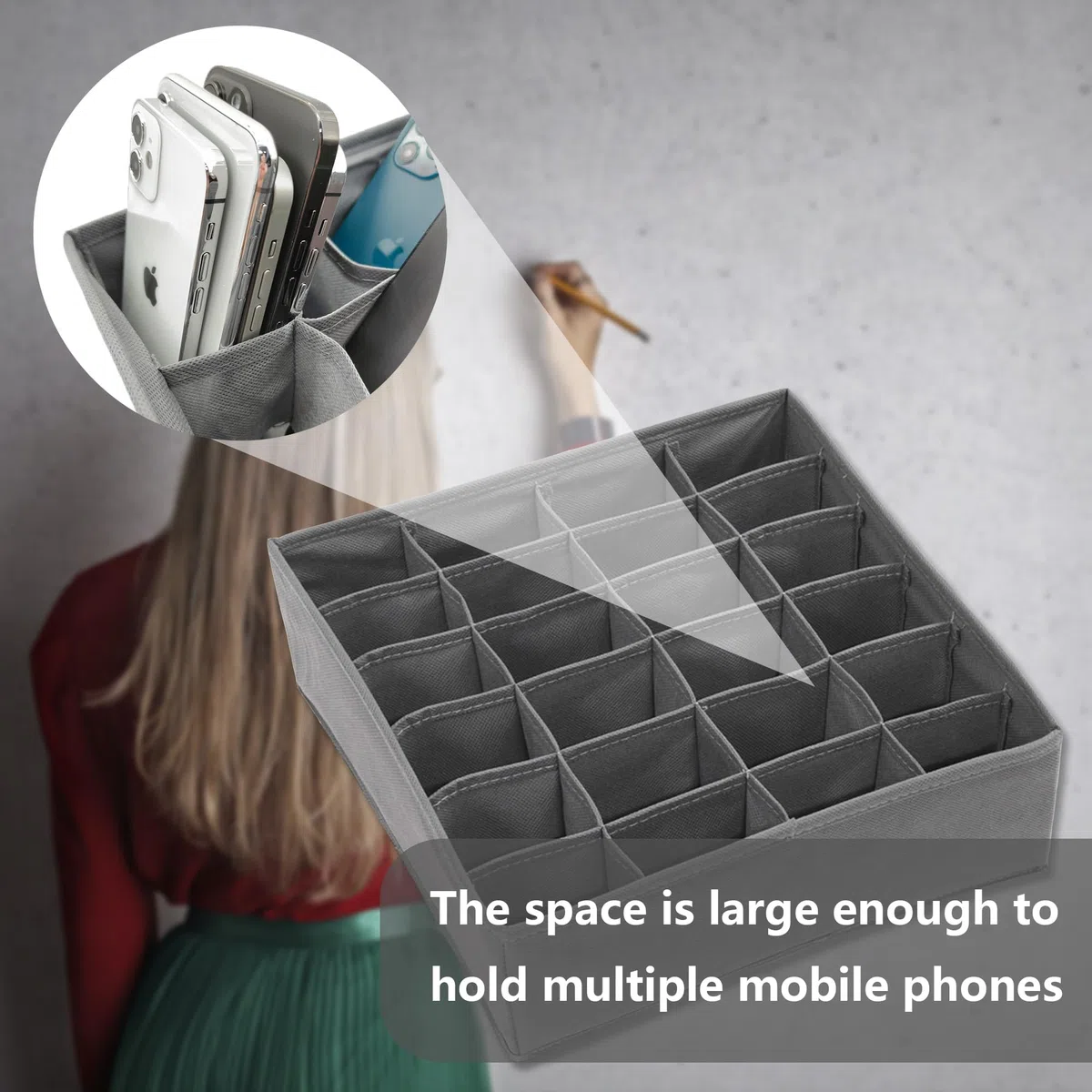 Handy Aufbewahrungsbox Desktop Multifunktionale Handygarage Organizer Telefonbox Storage Kasten Smartphone-Ablagebox Schulungen Klassenzimmer Büro Seminare Konferenzen (grau, 24 Grids)