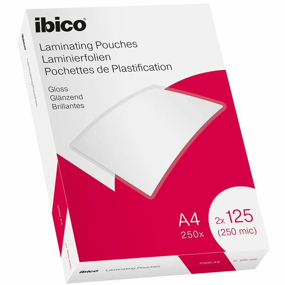 Ibico Laminierfolien A4 250 Mikron (2 x 125 mic), 100 Stück, Glänzende Heißlaminierfolien, Abgerundete Ecken, Ideal für Büro oder Schule, Transparent, Kristallklar, 627318