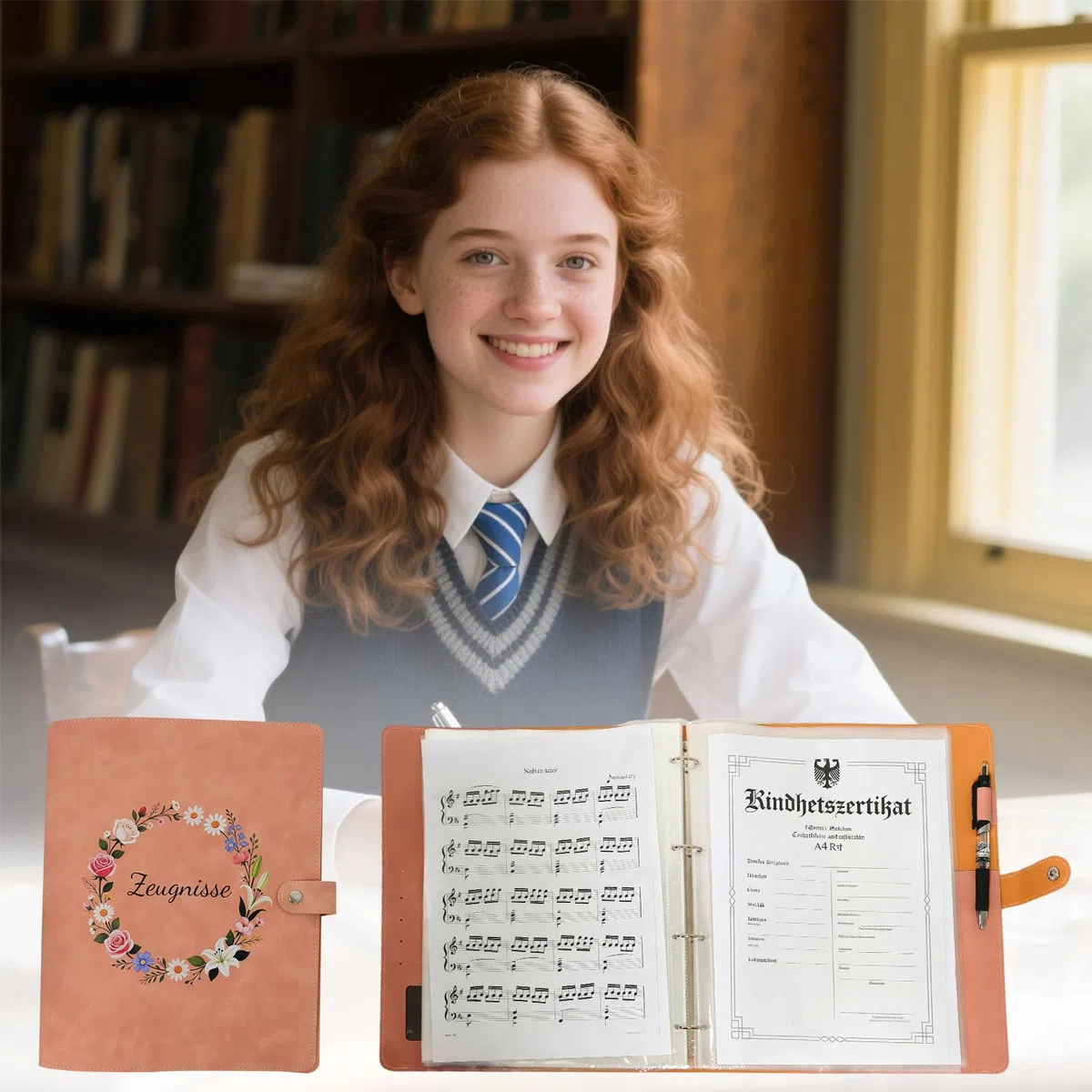 Zeugnismappe Mädchen A4 Mit 40 Hüllen - PU Leder Farbige Blumendrucke Schnellhefter Ordner Dokumentenmappe Schule Zubehör Fächermappe Abitur Geschenke und zur Einschulung Geschenke (Rosa)