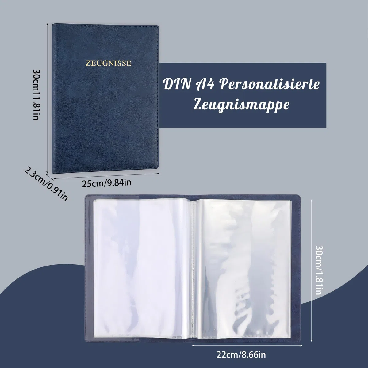 Thboxes Zeugnismappe A4 mit 20 Klarsichthüllen, Einband PU Leder Dokumentenmappe Zeugnismappe Jungen Mädchen Erwachsene Zeugnis Geschenk Sichtbuch für Zertifikate Urkunden Zeugnisse (Dunkelblau)